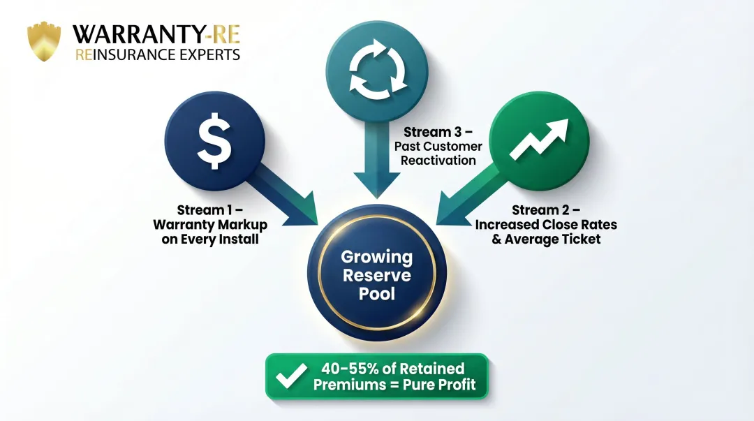 Three plumbing warranty revenue streams compounding profit model diagram