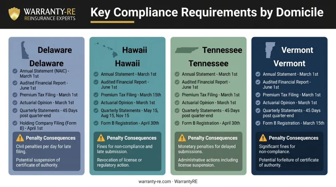 Warranty reinsurance state domicile compliance deadlines and penalty comparison table infographic