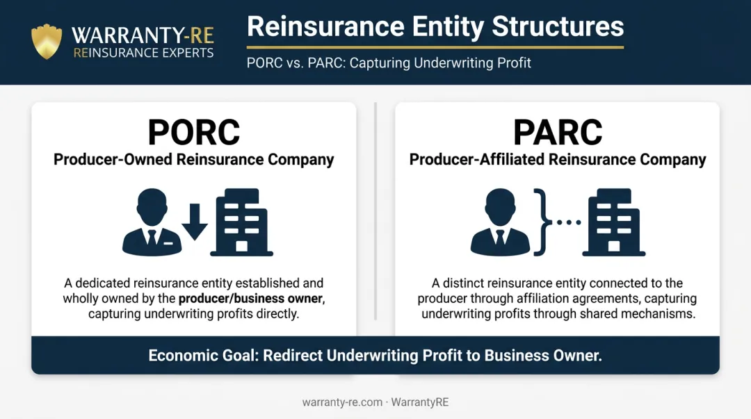 PORC versus PARC warranty reinsurance ownership structure comparison infographic