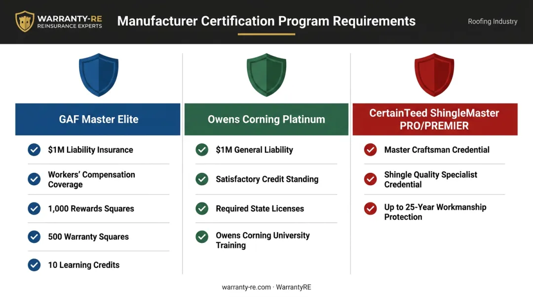 Three manufacturer certification programs requirements comparison chart for roofing contractors