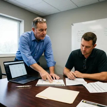 Advisor explaining warranty reinsurance process to contractor