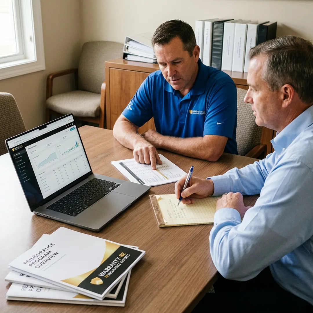 HVAC contractor reviewing reinsurance setup documents with an advisor