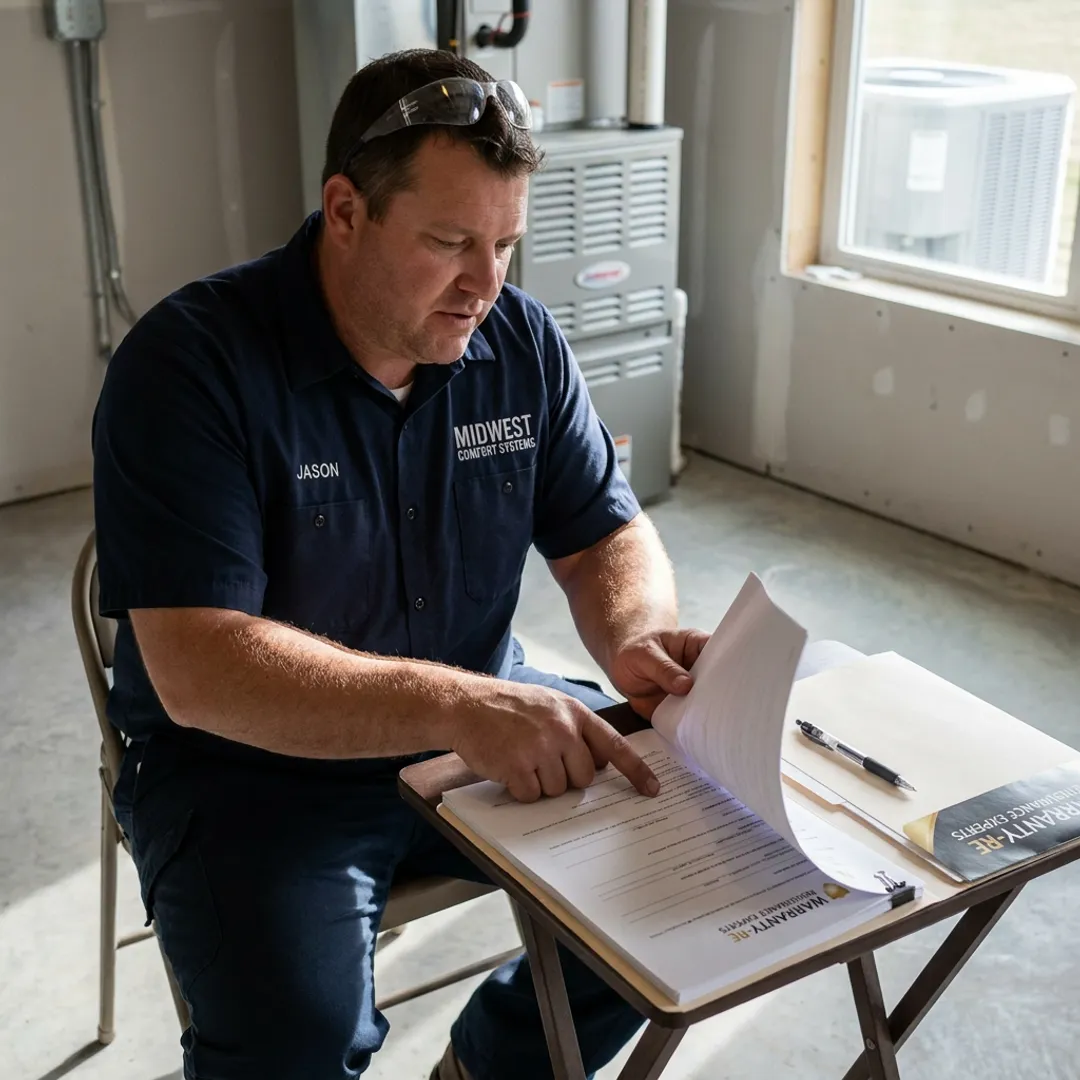 HVAC contractor reviewing insurance and warranty documents