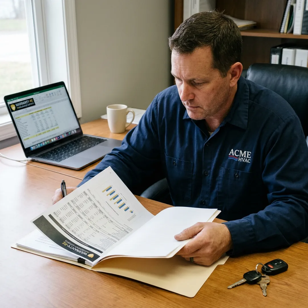 HVAC contractor reviewing warranty reinsurance coverage documents
