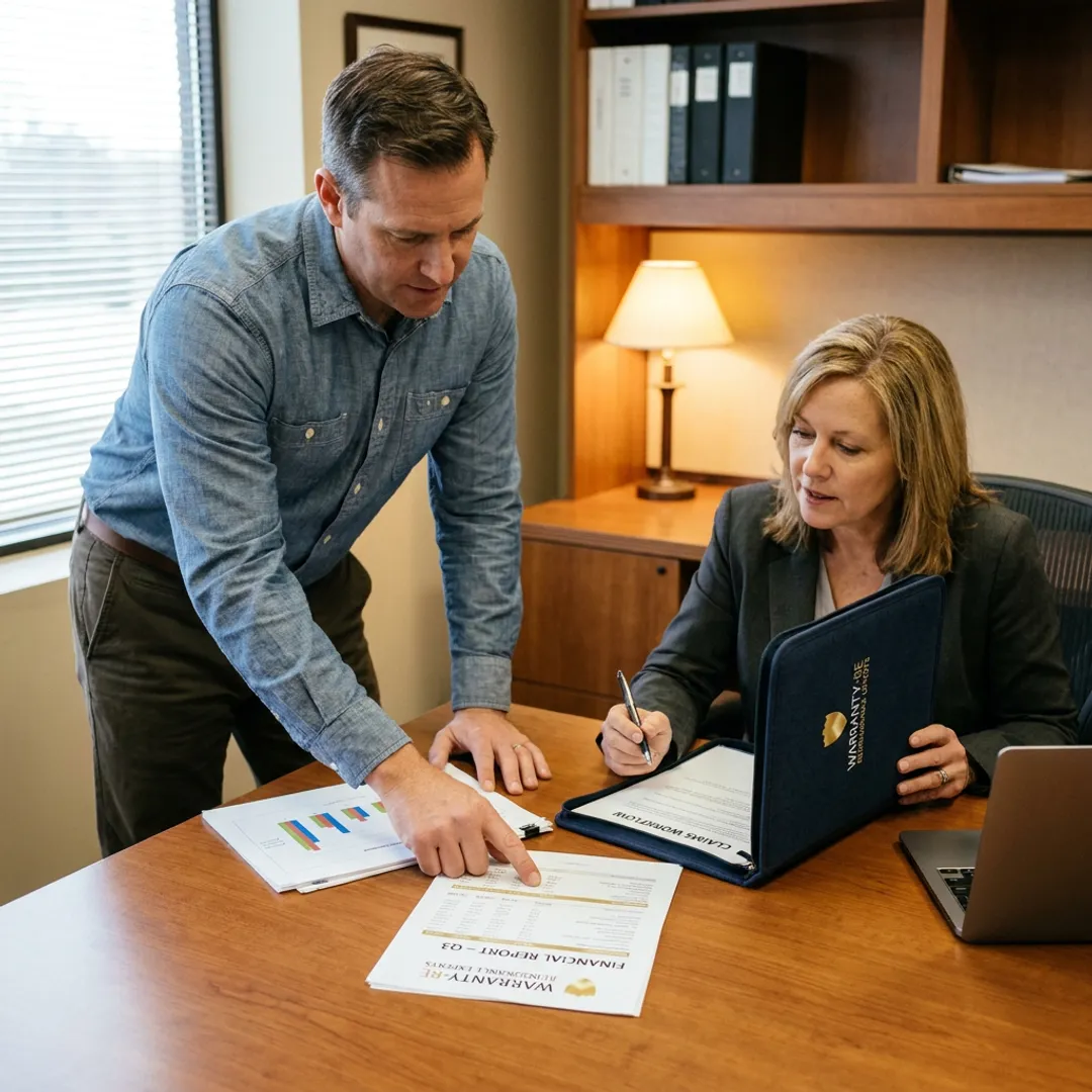 Advisor reviewing warranty program documents with contractor