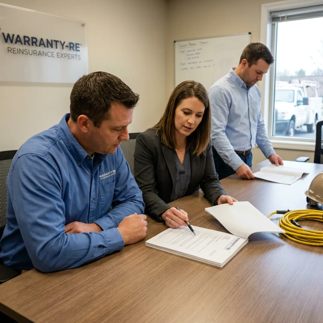 Electrical contractor reviewing warranty reinsurance documents