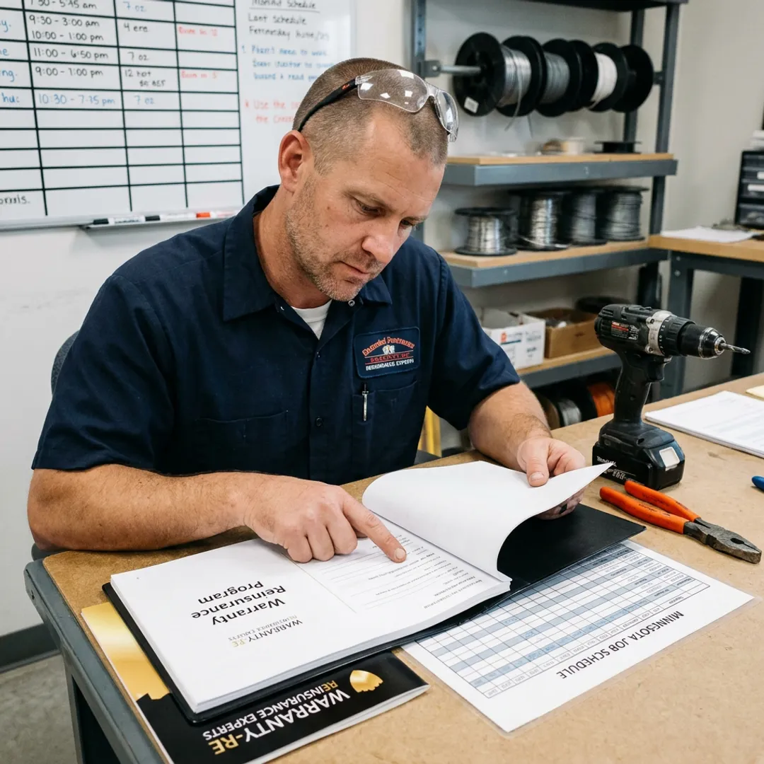 Electrical contractor reviewing warranty coverage documents