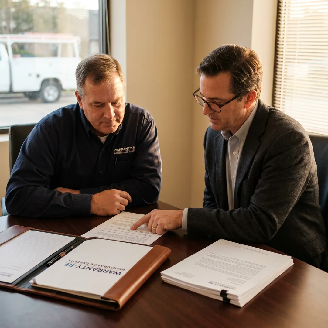 Electrical contractor reviewing warranty reinsurance documents