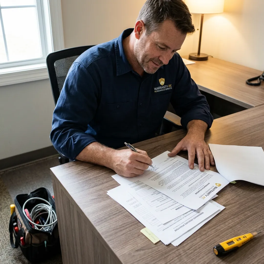 Electrical contractor reviewing insurance and warranty documents