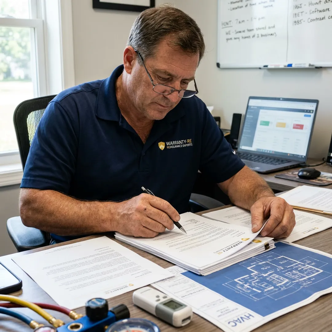 HVAC contractor reviewing warranty reinsurance documents
