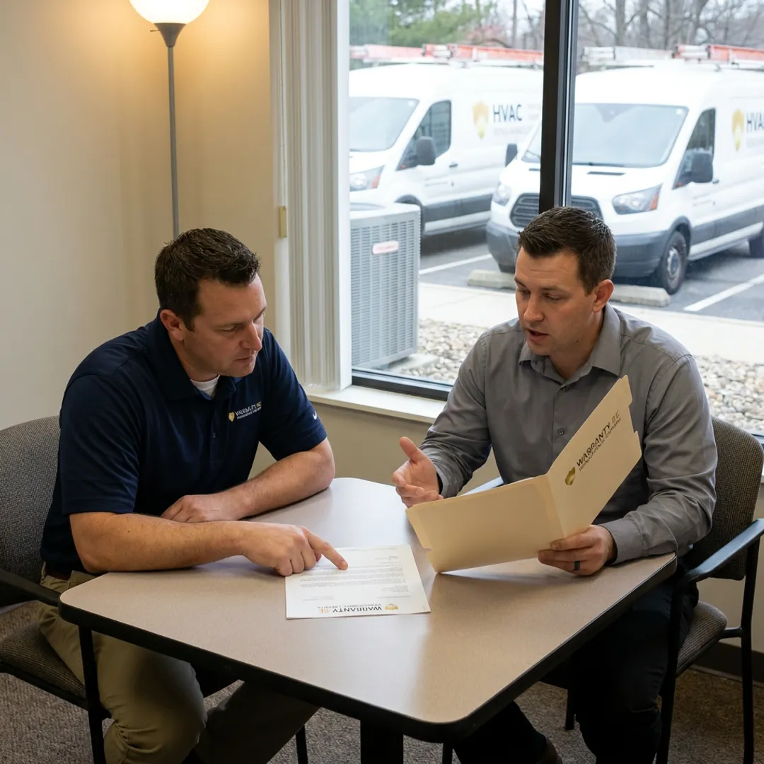HVAC contractor reviewing warranty reinsurance documents