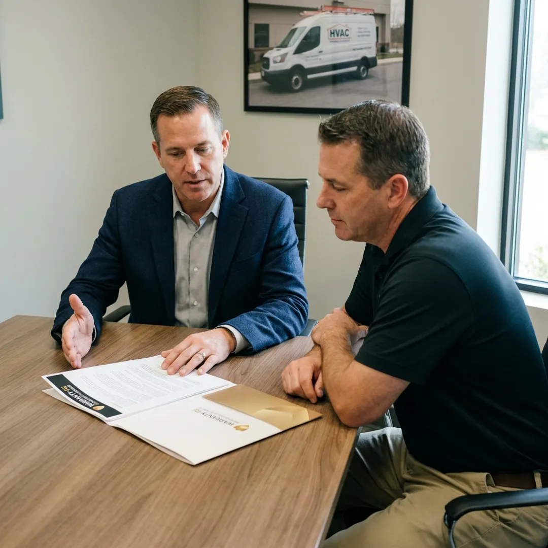 HVAC contractor reviewing warranty reinsurance documents