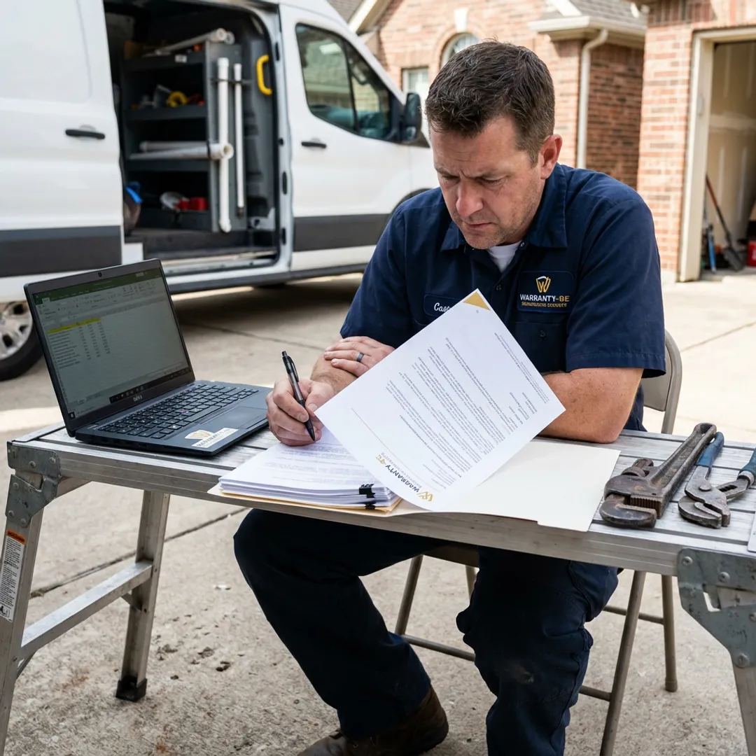 Plumbing contractor reviewing warranty reinsurance documents