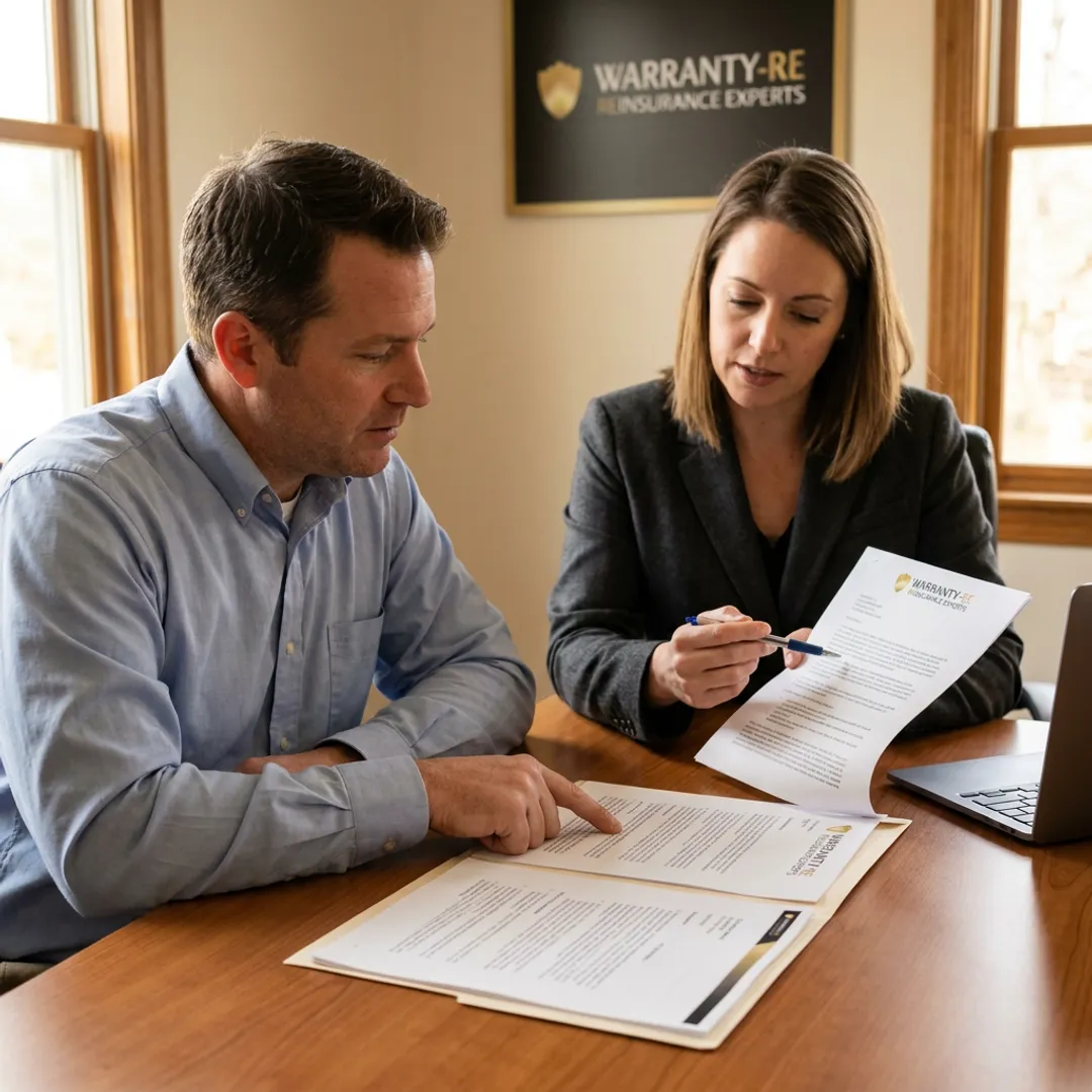 Plumbing contractor reviewing warranty reinsurance documents
