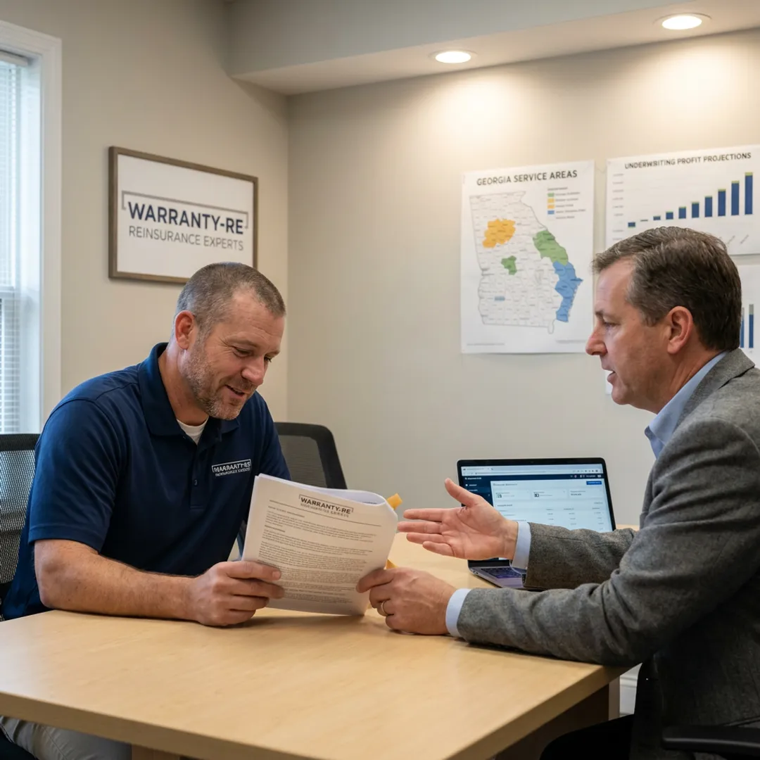 Plumbing contractor reviewing warranty reinsurance documents