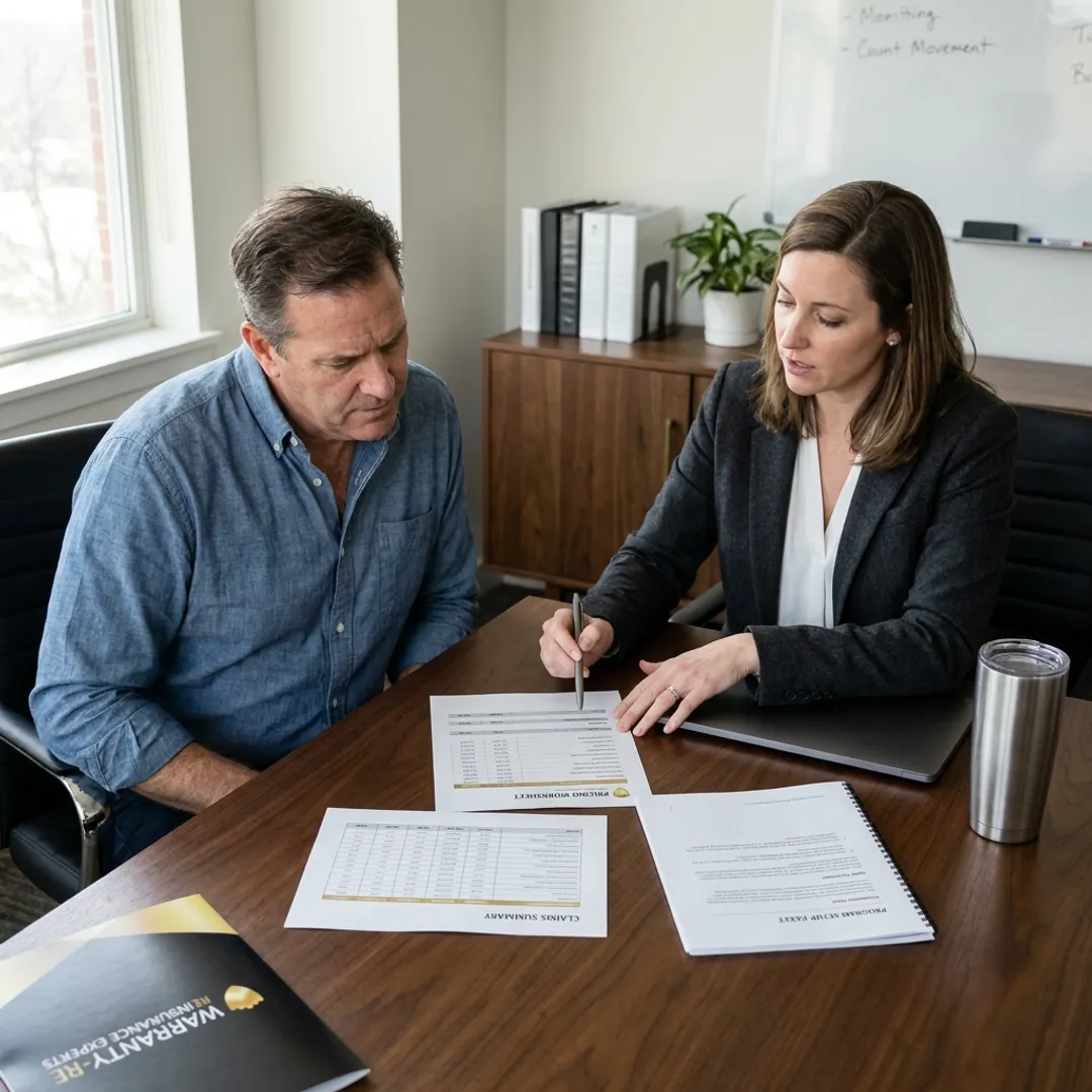 Advisor reviewing plumbing warranty program documents