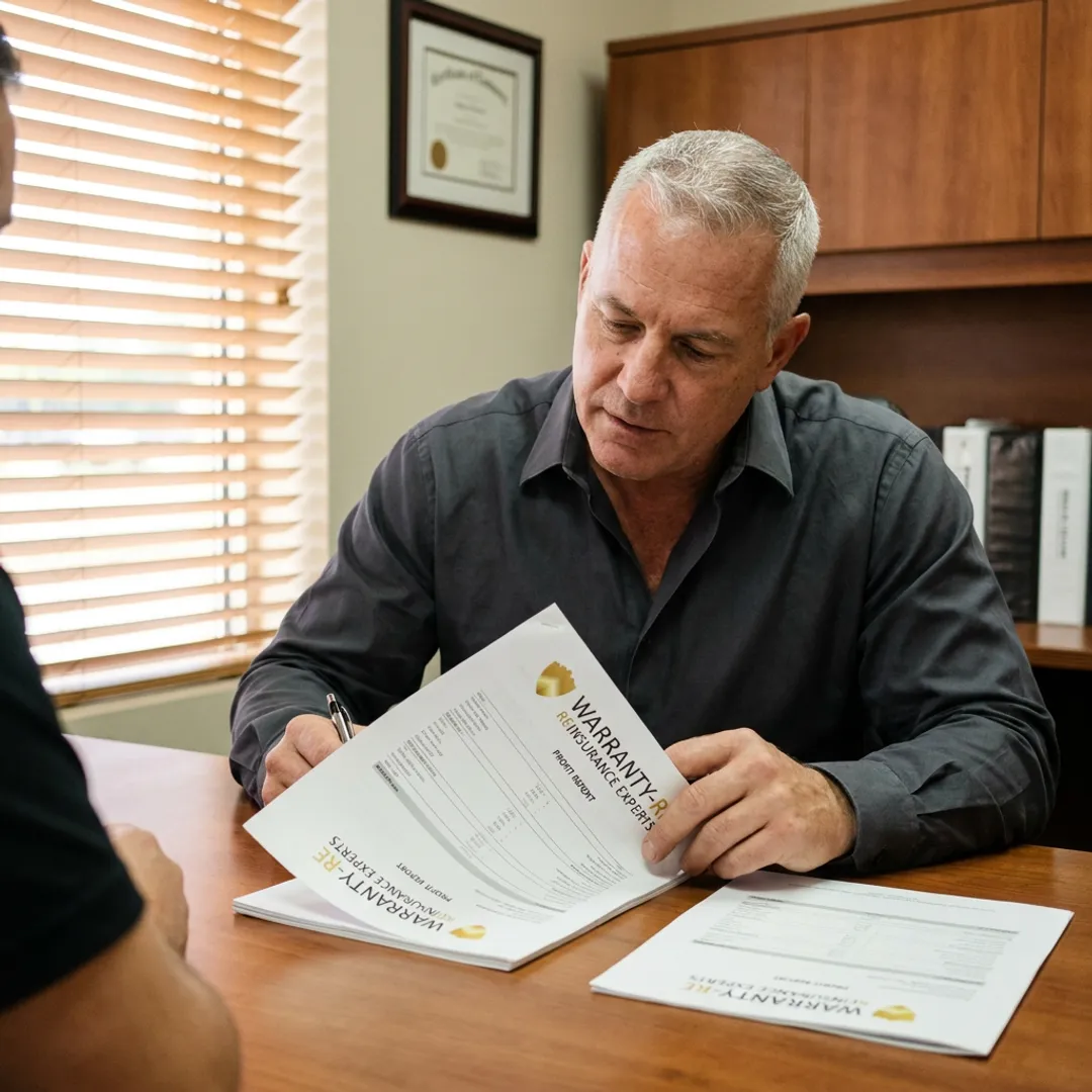 Dealer principal reviewing reinsurance program documents