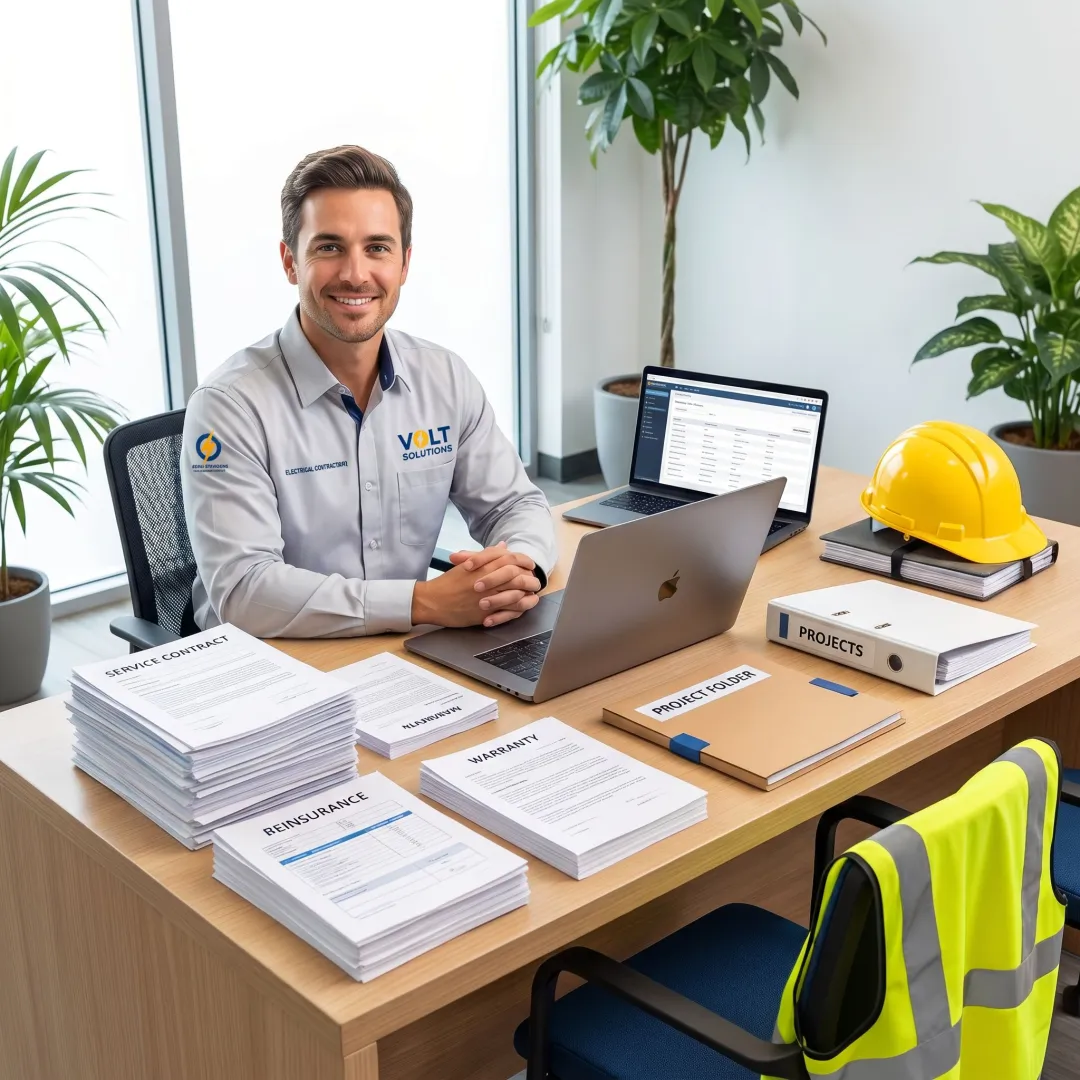 Electrical contractor reviewing warranty reinsurance documents