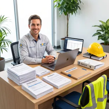 Electrical contractor reviewing warranty reinsurance documents