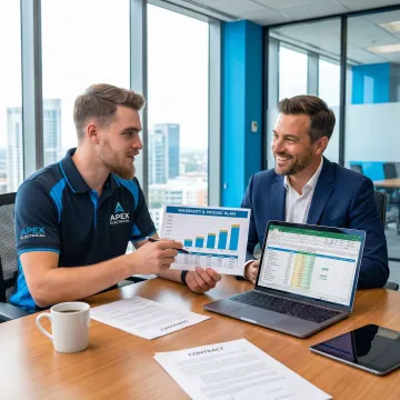 Electrical business owner discussing warranty program strategy