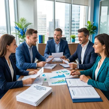 Business team reviewing warranty reinsurance trust strategy
