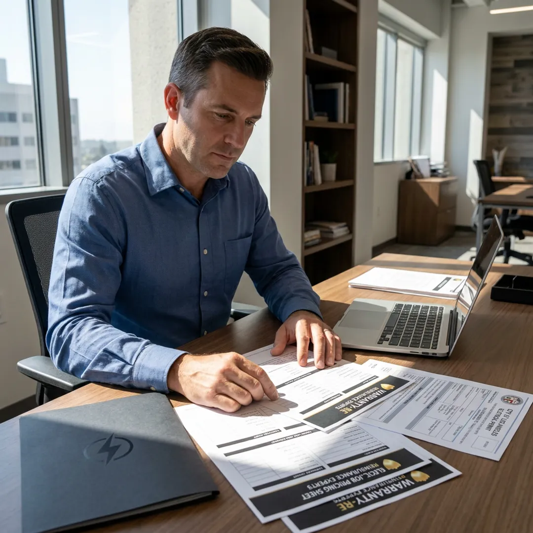 Electrical contractor reviewing warranty reinsurance documents
