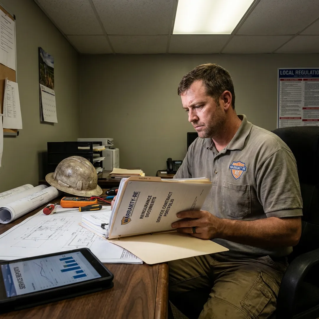 Electrical contractor reviewing warranty reinsurance paperwork