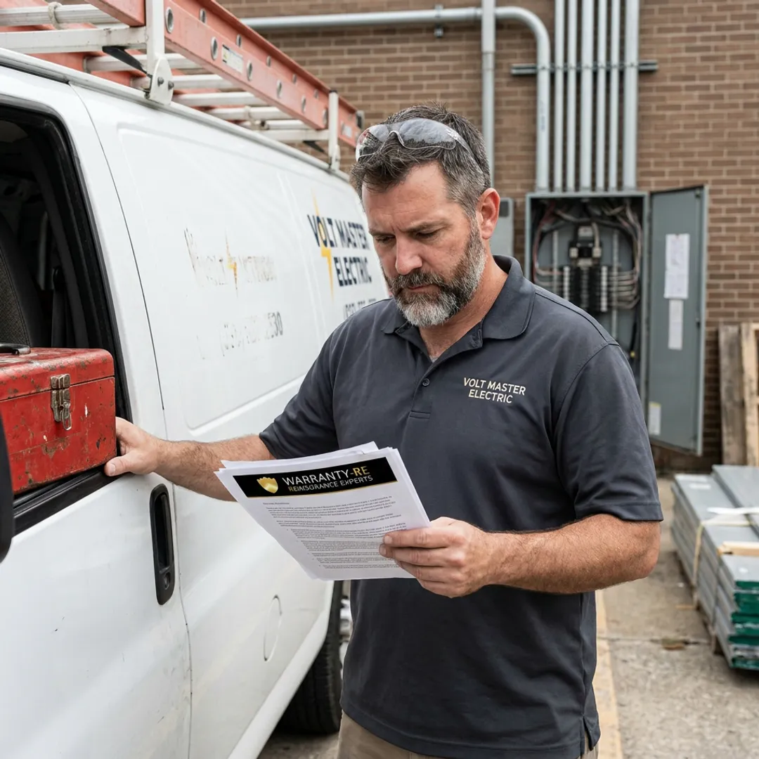 Electrical contractor reviewing warranty reinsurance paperwork
