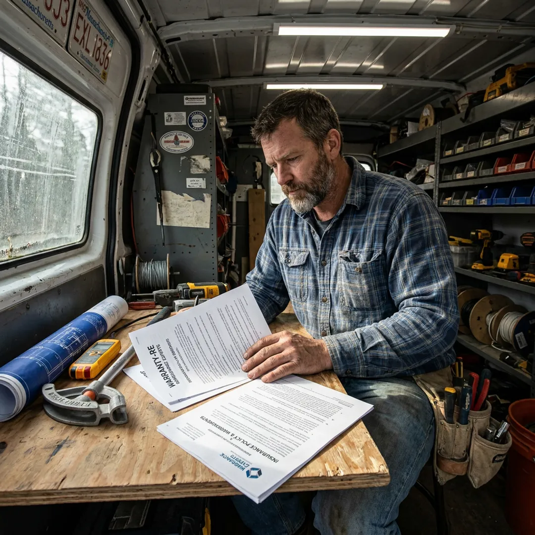 Electrical contractor reviewing warranty reinsurance paperwork