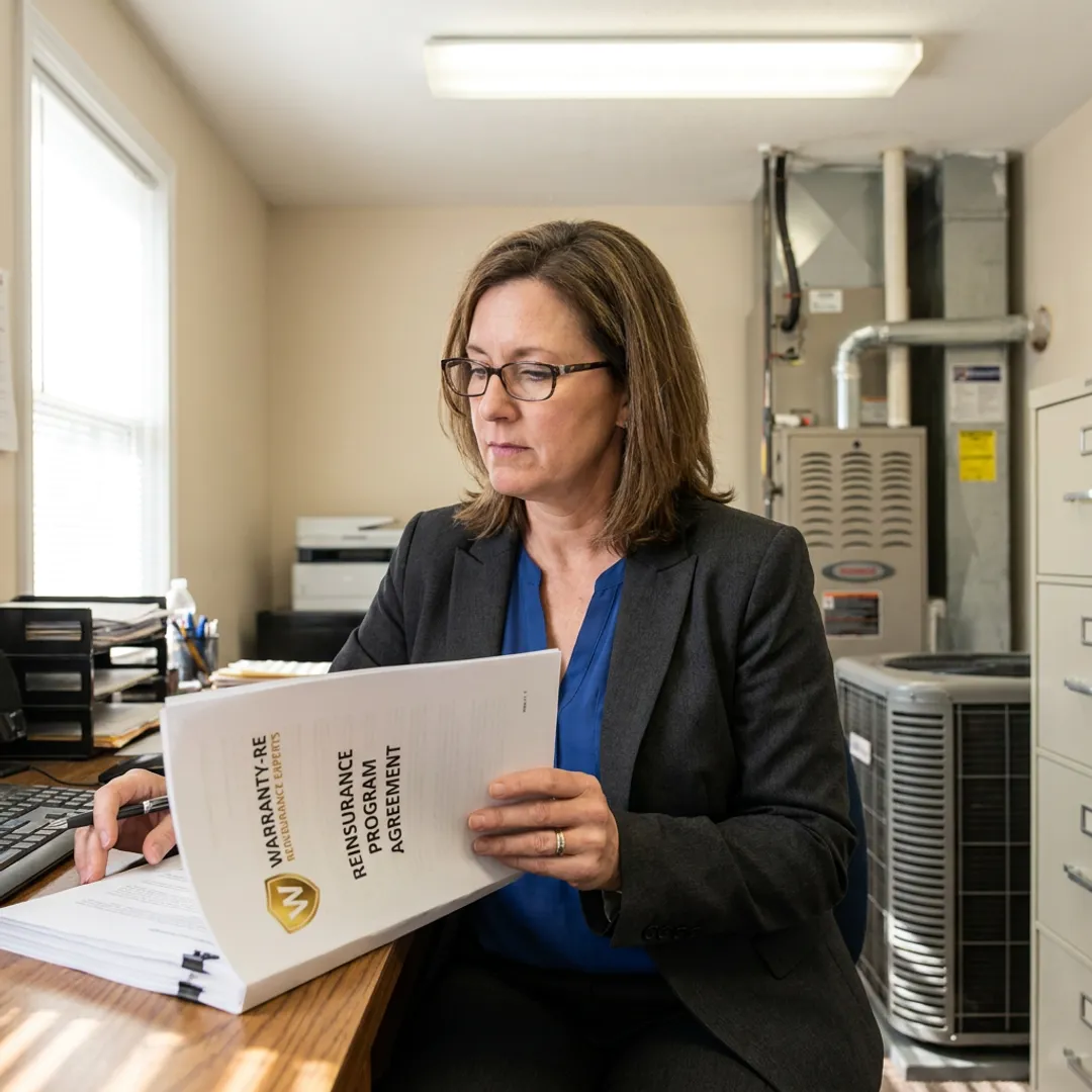 HVAC contractor reviewing warranty reinsurance documents