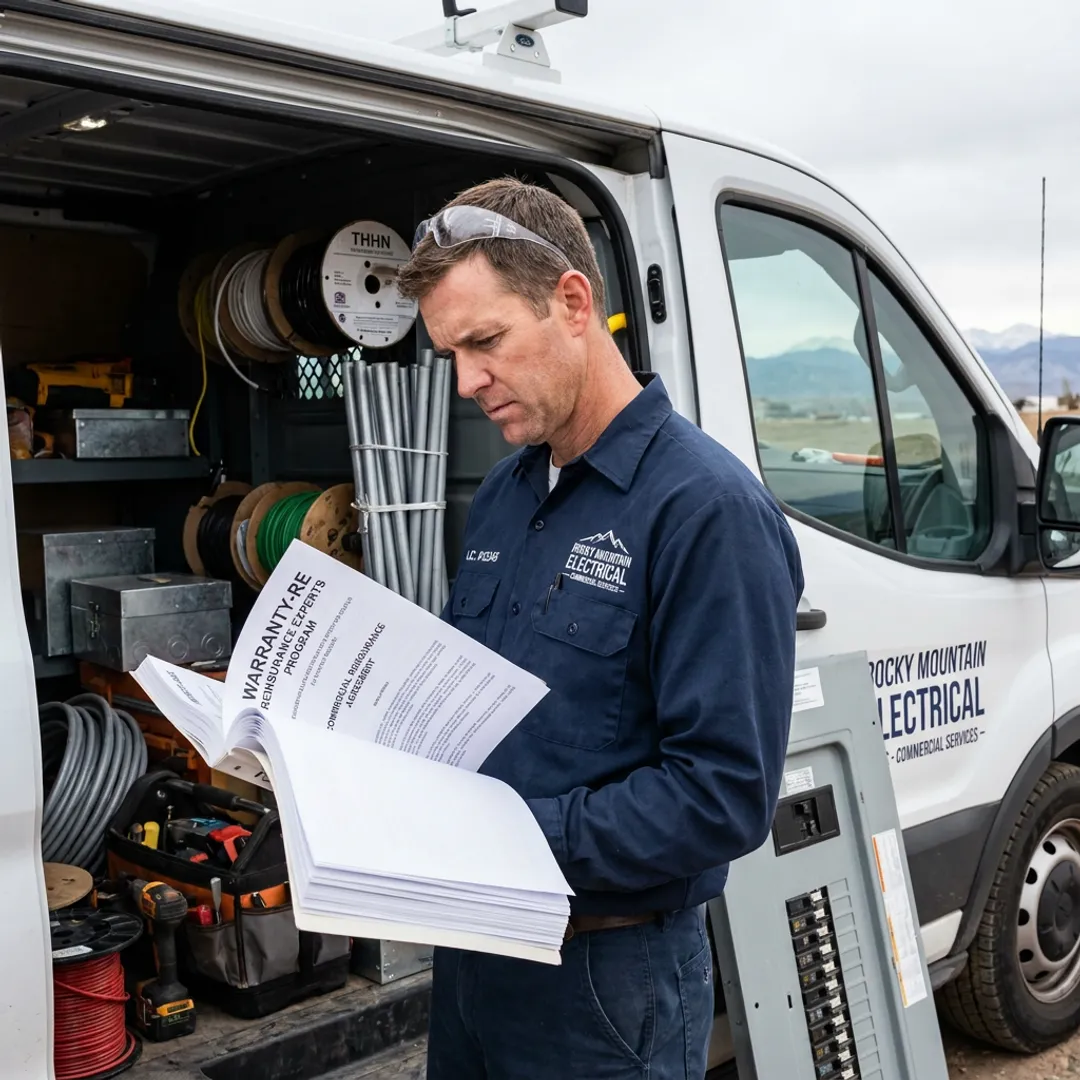 Colorado electrical contractor reviewing warranty reinsurance paperwork