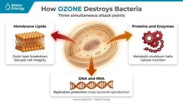 Three-target ozone oxidative attack on bacterial cell wall DNA and enzymes