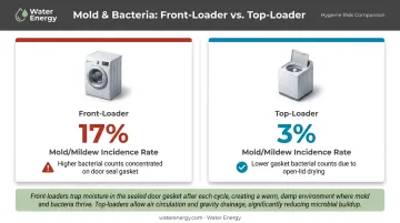 Front-loader versus top-loader washing machine mold and bacteria rate comparison infographic