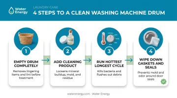 4-step washing machine cleaning process from empty to wipe
