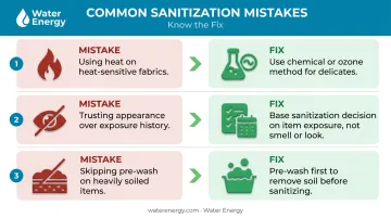 Three common laundry sanitization mistakes and correct alternatives process infographic