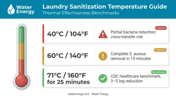 Laundry sanitization temperature and exposure time benchmark chart infographic