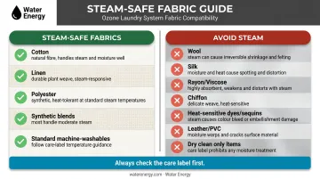 Fabric steam safety guide two-column chart showing compatible and incompatible fabric types