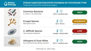Steam sanitization pathogen reduction effectiveness chart with temperature and dwell time