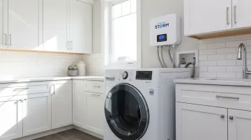 Water Energy Storm ozone laundry system wall-mounted unit installed in laundry room