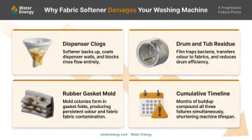 Four ways fabric softener damages washing machines over time infographic