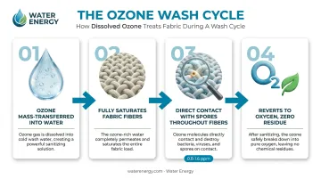 Dissolved ozone laundry process showing fabric fiber saturation and spore contact