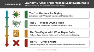 Four-tier sustainable laundry drying hierarchy from air drying to dryer sheets