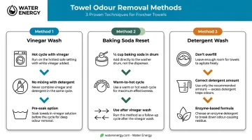 Three-method towel odor removal process comparison infographic with steps