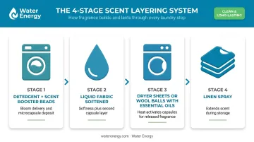 Four-stage laundry scent layering process from wash drum to post-laundry storage