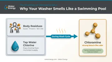 Chloramine formation process showing sweat proteins reacting with tap water chlorine