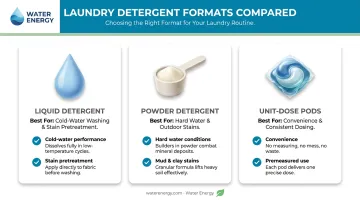 Three laundry detergent formats liquid powder pods comparison infographic