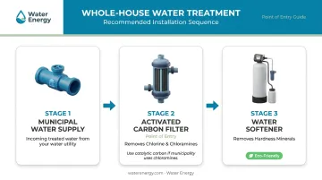 Whole-house water treatment sequence carbon filter before water softener installation diagram