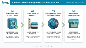Four laundry pod dissolution prevention habits process flow infographic