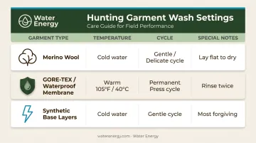 Hunting garment fabric wash settings comparison chart for wool GORE-TEX and synthetics