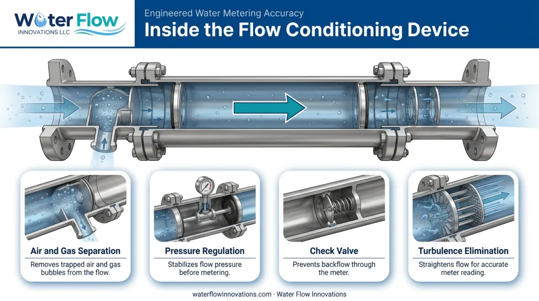 Four-component flow conditioning device system diagram with water flow arrows